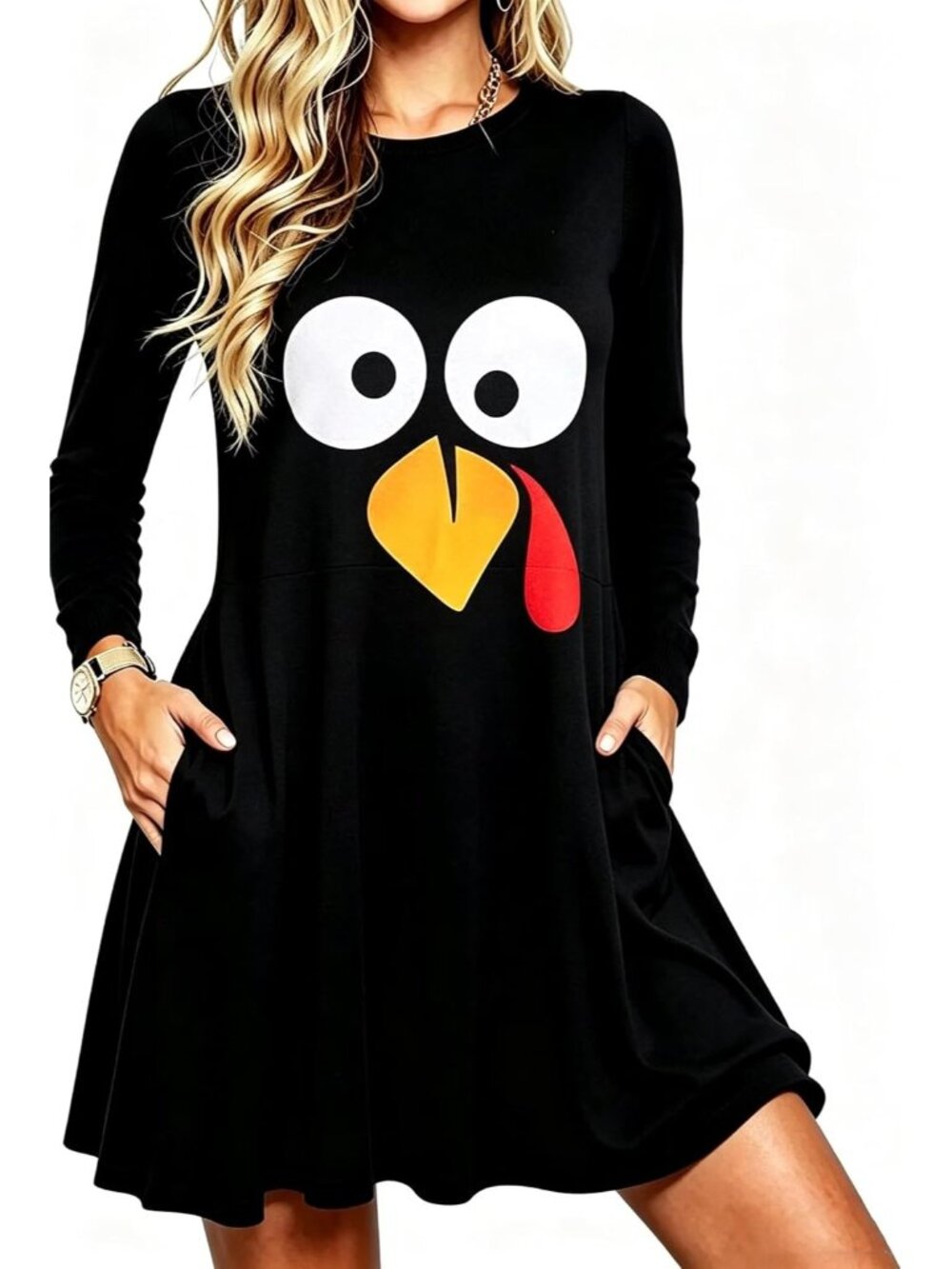 🆕Women's Thanksgiving Turkey Face Graphic Long Sleeve Swing Dress Pockets